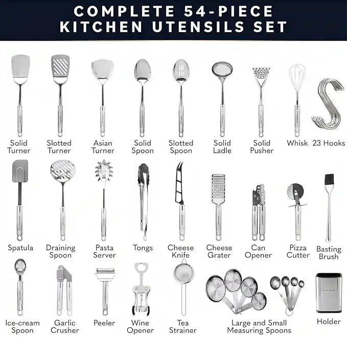 Home Hero 54-Piece Stainless Steel Kitchen Utensils Set - Heat-Resistant Nonstick Silicone & Stainless Steel Cooking Utensils - Complete Tools with Slotted Spoon & Pasta Spoon - Pack of 54, Silver | Heat-Resistant Stainless Steel Kitchen Utensil Set - ... - Image 2