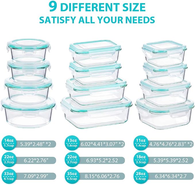 Bayco Glass Food Storage Containers with Lids, [24 Piece] Meal Prep, Airtight Bento Boxes, Leak Proof (12 lids & 12 Containers) - Blue - Image 2