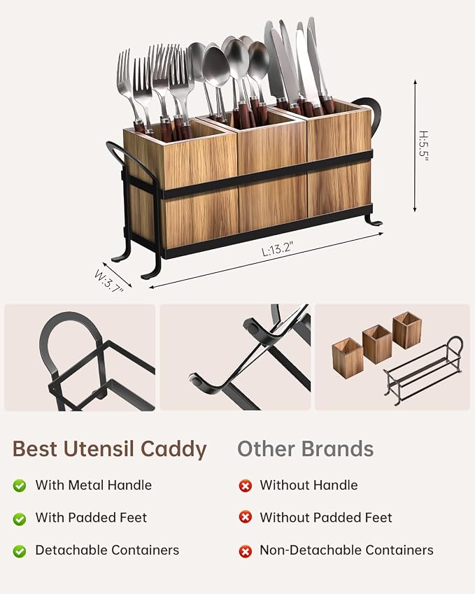 Utensil Holder for Party - Silverware Caddy with Three Compartments, Detachable, Portable Handle, Stylish Cutlery Holder for Countertop and Outdoor Use - Image 2