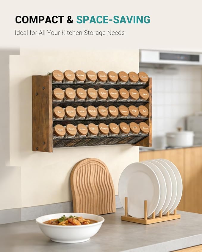 NESAPTO Spice Rack Organizer for Cabinet, Wood 4-Tier Vertical Seasoning Organizer, Wall Mount or Countertop Spice Shelf, Holds 36 Jars (No Jars Included), 17.2" W x 10.3" H - Image 5