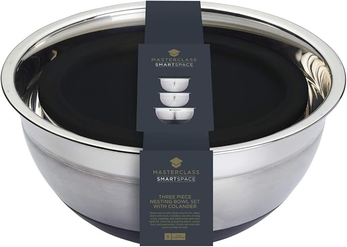 MasterClass Bowl Set, Mixing Bowl, Colander and Lid, Smart Space, Stainless Steel, Set of 3, White - Image 2