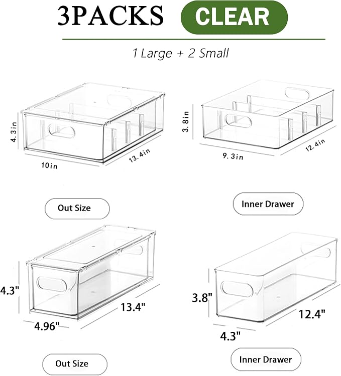 bealy 3 Pack Fridge Organizer and Storage,Clear Storge Bins with Pull-out Drawer, Fridge Drawers Clear Stackable Storage Drawer Containers for Freezer, Refrigerator, Pantry, Kitchen - Image 4