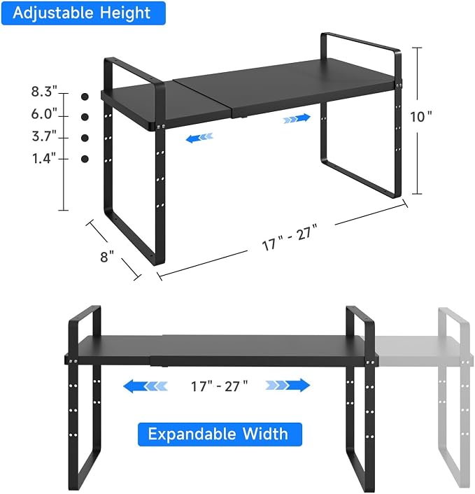 Expandable Cabinet Shelf Organizer, Stackable Kitchen Pantry Counter Storage, Adjustable Closet Cupboard Stand Rack Risers Spice Organization 80LBS Heavy Duty Black 2 Pack - Image 2