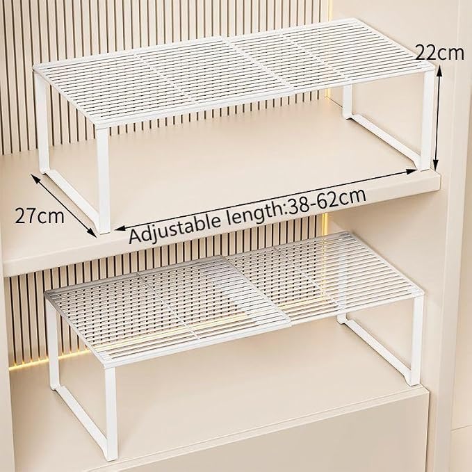 Extendable Metal Wire Shelf Organizer - Adjustable 15-24.4in Length, Stackable Storage Rack for Kitchen/Pantry/Bathroom/Shoe Cabinet/Tool Closet (4, White) - Image 2