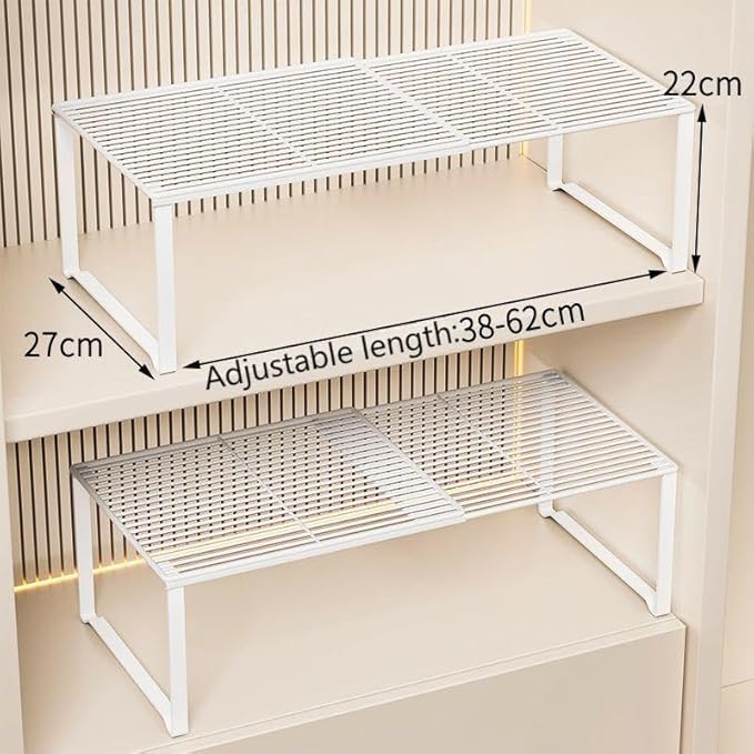 Extendable Metal Wire Shelf Organizer - Adjustable 15-24.4in Length, Stackable Storage Rack for Kitchen/Pantry/Bathroom/Shoe Cabinet/Tool Closet (1, White) - Image 2