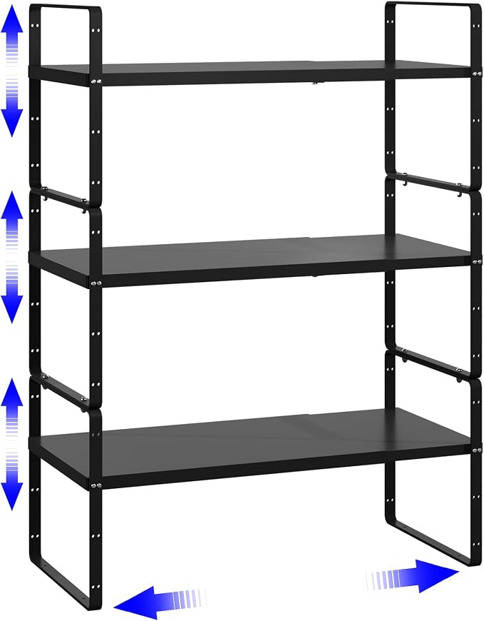Expandable Cabinet Shelf Organizer, Stackable Kitchen Pantry Counter Storage, Adjustable Cupboard Stand Rack Risers Spice Organization Heavy Duty Black Small 3 Pack by KIKIBRO