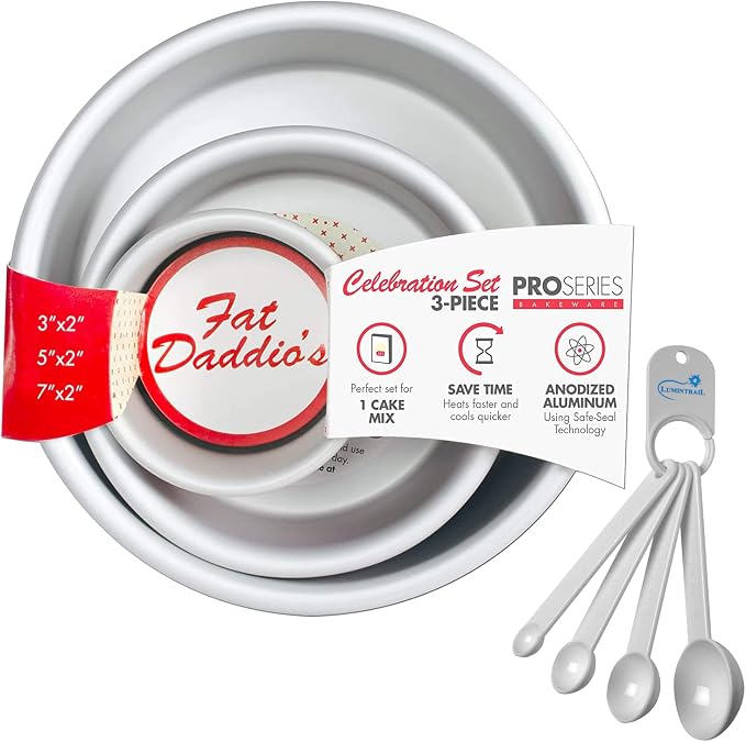 Lumintrail Fat Daddios Anodized Aluminum Round Cake Pan Celebration Set, Set of 3, Silver, 1-Box Mix, with a Measuring Spoon Set by Lumintrail