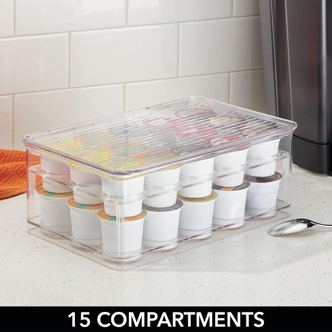 mDesign Plastic Stackable Divided Storage Organizer with Lid for Tea Bags and Coffee Pods in Kitchen Cabinet, Countertop, Ligne Collection, Includes 1 Tea Organizer and 1 Coffee Pod Organizer, Clear - Image 5