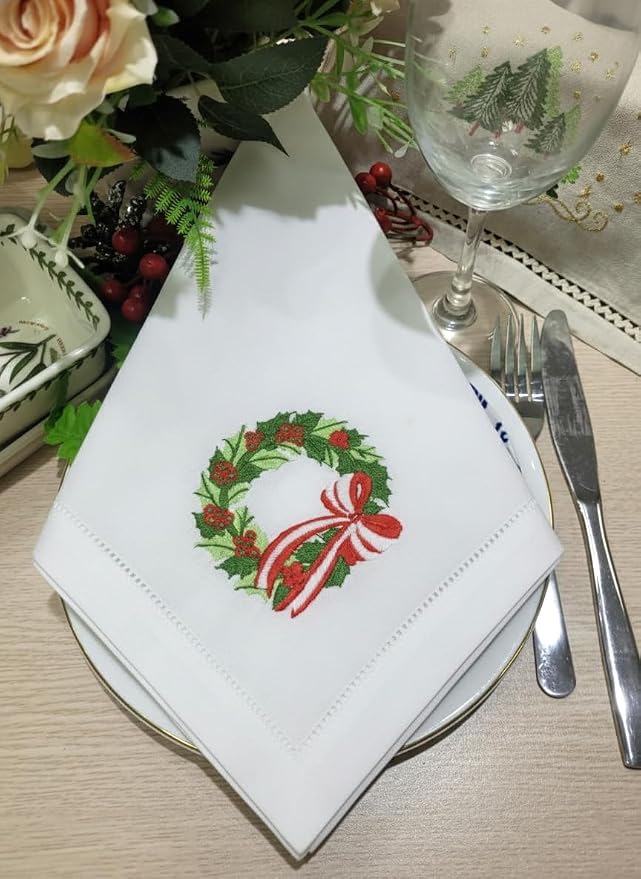 – Embroidered Cloth Napkin Holly Christmas Wreath Cotton Napkins Set of 6, 20 x 20”, Hemstitch Table Napkins, Machine Washable, Daily & Holidays, Great Gift Ideas - Image 2
