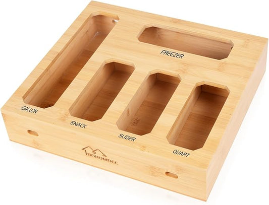 Bamboo Ziplock Bag Organizer for Kitchen Drawer, Food Storage Baggie Holder with 24 Label Stickers, Fits Gallon Quart Sandwich Snack Freezer & Slider Bags, No Assembly, Wall Mount or Drawer by BOHOMDEC