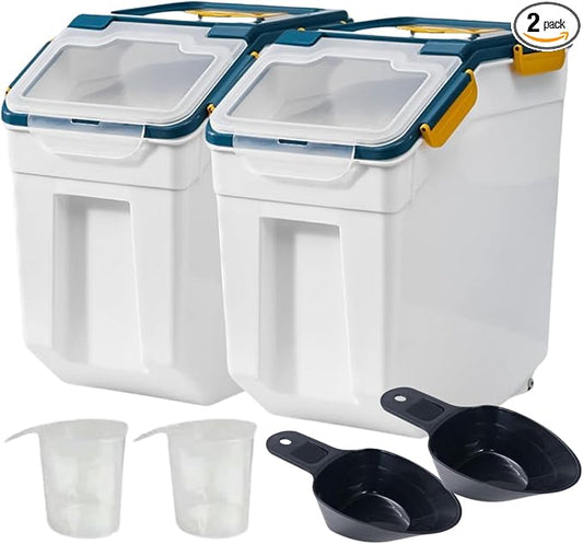Saim 2Pack 50lb Flour & Rice Storage Container Bin, Dark Blue | BPA free plastic with seal lid, rolling wheels and measuring scoop for rice, flour, cereal and grain one-hand scooping by Saim