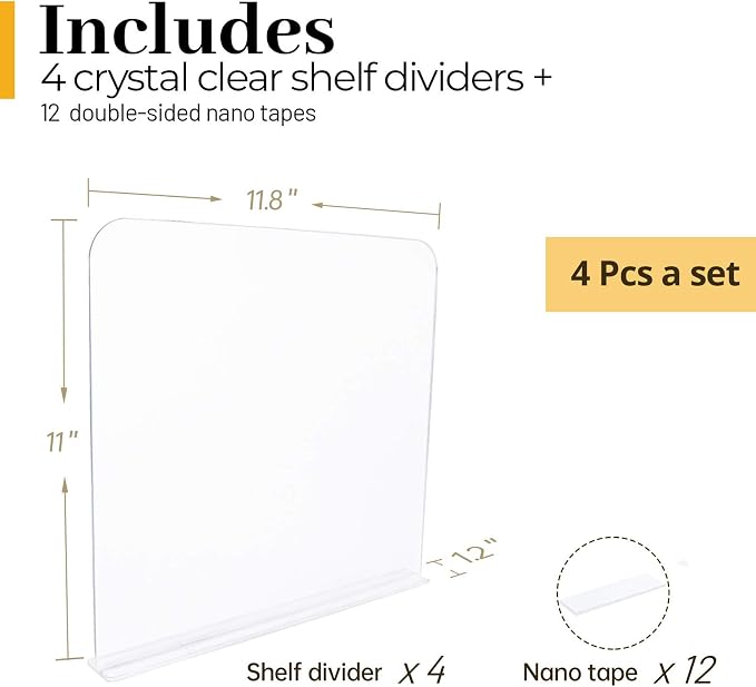 ROUFA 4Pcs Clear Acrylic Shelf Dividers, Adjustable Closet Organizer Fit for Any Thickness of Shelves, Multi-Purpose Wood Shelf Separators for Bedroom, Kitchen, Office, Bathroom, 11.8''x11'' - Image 2