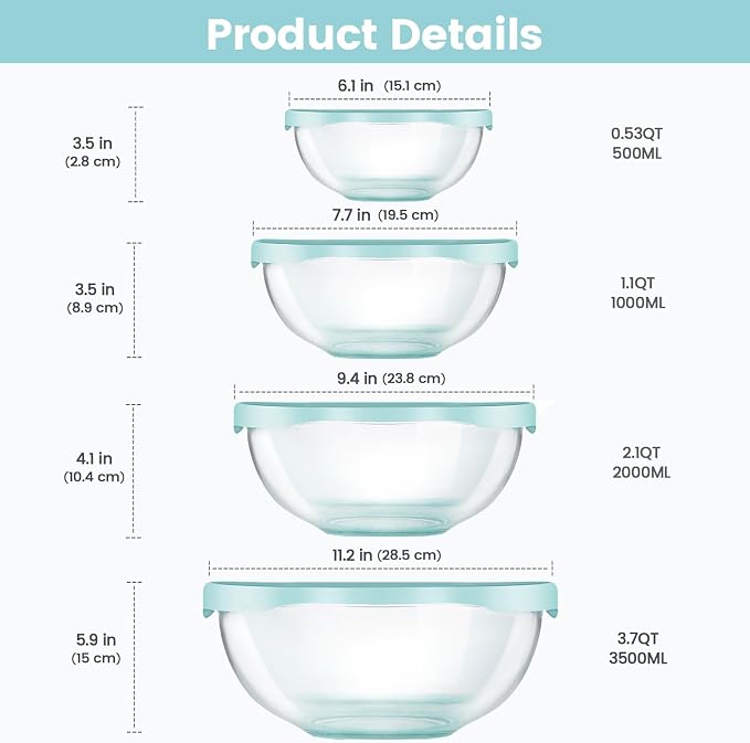 Luvan Borosilicate Clear Glass Mixing Bowls with Lids Set of 4 (0.53qt, 1.1qt, 2.1qt, 3.7qt), Space Saving Nesting Bowls Large Kitchen Salad Bowls for Meal Preping,Baking,Mixing,Dishwasher Safe - Image 3
