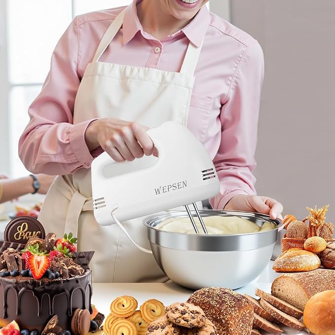 WEPSEN 5-Speed Electric Hand Mixer, 4 Large Mixing Bowls Set, Handheld Mixers with Whisks Beater, Stainless Steel Metal Nesting Bowl Measuring Cups Spoons Kitchen Cake Blender for Baking Supplies - Image 6