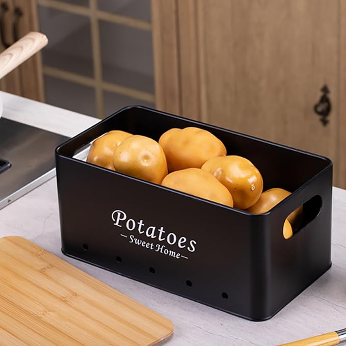 Kitchen Vegetable Storage Tins Set Of 3, Potato Onion Garlic Canisters | Storing potatoes, onions, and garlic. Features aerating holes to keep vegetables fresh and wooden lids for a stylish look - Image 3
