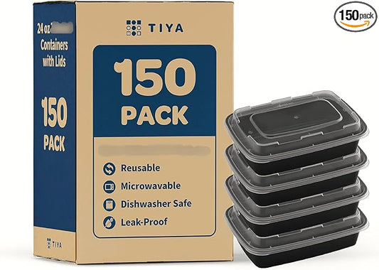 TIYA Food Containers - 16 oz Bulk 150 Pack with Lids - Rectangular Plastic To-Go Containers - Reusable, Microwavable, Dishwasher Safe - Leak-Proof for Meal Prep - BPA-Free by TTIYA