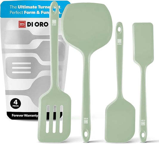 New DI ORO Silicone Turner Spatula Set - Kitchen Spatulas for Nonstick Cookware - Cooking Utensils for Flipping Eggs & Pancakes - 600°F Heat-Resistant BPA Free Turners - Dishwasher Safe (4pc, Sage) by DIORO
