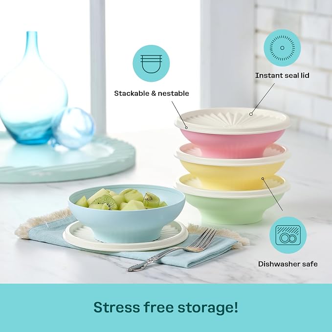 Tupperware Heritage Collection, New 4 Cereal Bowl with Lids Set in Vintage Colors, Dishwasher Safe and BPA Free (4 containers, 4 lids) - Image 4
