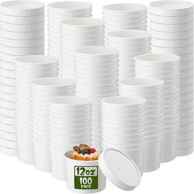 Fulmoon 100 Pack Paper Soup Containers with Lids Disposable Paper Food Containers with Vented Lid Kraft Ice Cream Cake Dessert Cups Soup Bowl for Party Hot Food Fruit Microwave(12 oz,White) by Fulmoon