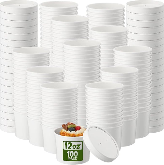 Fulmoon 100 Pack Paper Soup Containers with Lids Disposable Paper Food Containers with Vented Lid Kraft Ice Cream Cake Dessert Cups Soup Bowl for Party Hot Food Fruit Microwave(12 oz,White) by Fulmoon