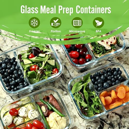 FIT Strong & Healthy 4-Pack 2 & 3 Compartment Glass Meal Prep Containers & 32oz Glass Water Bottle with Straw Lid, Time Marker, Sleeve & Extra Lid (Black) - Image 2