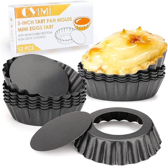12 pcs Egg Tart Molds, 3 Inch Mini Tart Pans Removable Bottom, Cupcake Cake Muffin Mold Tin Pan Baking Tool, Reusable Quiche Bakeware Carbon Steel for Pies, Quiche, Cheese Cakes, Desserts,7.6CM by Cyimi
