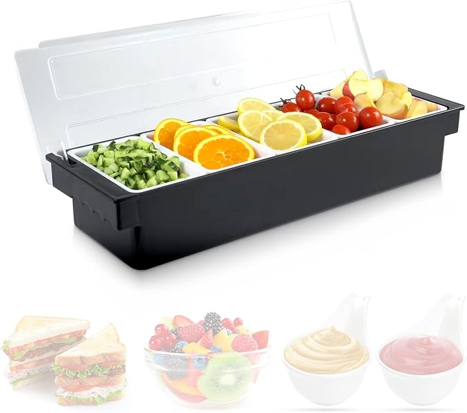 Fruit, Veggie & Condiment Caddy with Lid, 5 Removable Compartments, Ice-Cooled Garnish Tray for Bartenders, Pizza Topping Organizer, Taco Bar Cooler, Portable Condiment Serving Tray | Ice chamber, keeps fruit & toppings chilled, 5 separate sections, re... by POWLAB