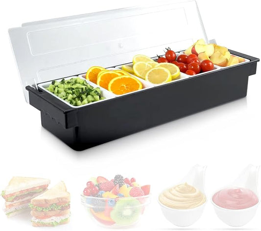 Fruit, Veggie & Condiment Caddy with Lid, 5 Removable Compartments, Ice-Cooled Garnish Tray for Bartenders, Pizza Topping Organizer, Taco Bar Cooler, Portable Condiment Serving Tray | Ice chamber, keeps fruit & toppings chilled, 5 separate sections, re... by POWLAB