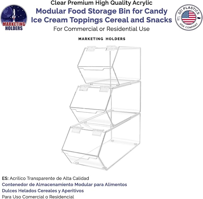 Marketing Holders Stackable Candy Bins 3 Piece Small Medium and Large Storage Caddys with Hinged Lid for Ice Cream Toppings Candies Nuts Granola Cereal and Wrapped Snacks Clear Acrylic - Image 5