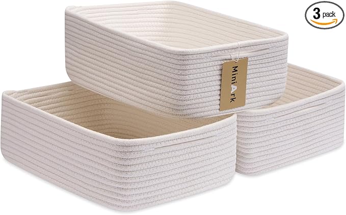 MiniArk Large Shallow Organizing Baskets 15x11x5.1 Inches - Rope Woven Storage Bins for Bathroom, Shelves, Cube Closet, Off White 3 Packs by MiniArkStorageBasketsHome