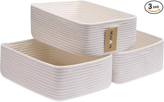 MiniArk Large Shallow Organizing Baskets 15x11x5.1 Inches - Rope Woven Storage Bins for Bathroom, Shelves, Cube Closet, Off White 3 Packs by MiniArkStorageBasketsHome