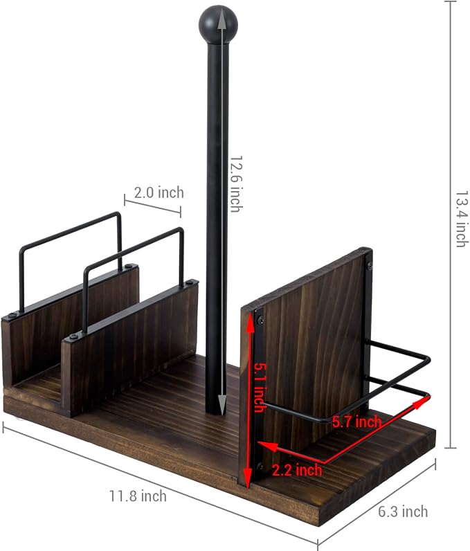 MyGift Rustic Burnt Solid Wood and Industrial Matte Black Metal Dining Combination Caddy with Paper Towel Roll Dispenser Stand, Napkin Holder, and Spice Rack - Image 4
