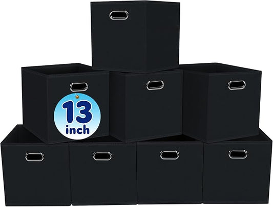 Fabric Cubby Storage Bins,13x13x13 Inches ,Cube Organizer Bin Foldable Storage Boxes with Dual Handles Fabric Organizer Box and collapsible Storage basket,Set of 8,Black by Yunkeeper