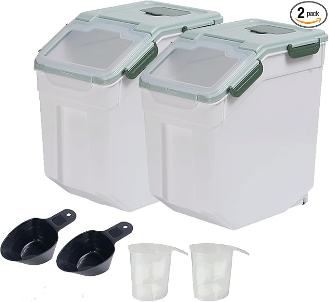 Large Flour Storage Container Bin 25lb, 2Pack Airtight Rice Storage Containers with Wheels Seal Locking Lid, BPA Free with Measuring Cup&Scoop for Flour, Rice, Grain(Green) by Qiveno