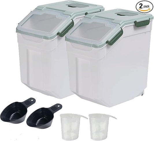 Large Flour Storage Container Bin 25lb, 2Pack Airtight Rice Storage Containers with Wheels Seal Locking Lid, BPA Free with Measuring Cup&Scoop for Flour, Rice, Grain(Green) by Qiveno