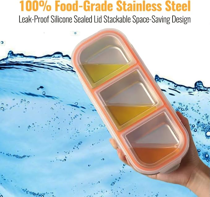 Set of 3 Pack Stainless Steel Snack Container,3 Compartment Bento Lunch Box with Leakproof Grey & Orange Lid,Reusable Metal Food Storage Container,Portable Snack Box for Work,1.5 lb Capacity - Image 7