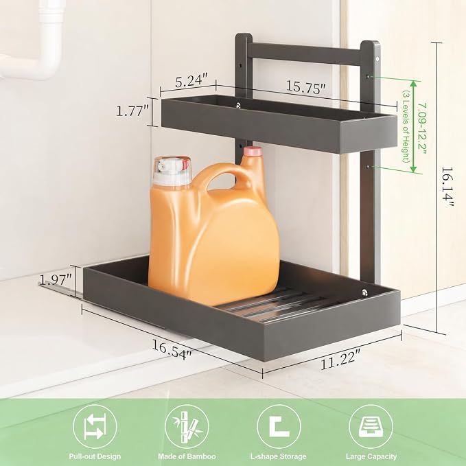 Bamboo Under Sink Organizer 2 Pack, 2-Tier Pull Out Cabinet Organizer | Kitchen Sink Organizer | Bathroom Cabinet Organizer | Cleaning Supply Storage | L-Shape | 3-Level Adjustable | Natural Bamboo - Image 7