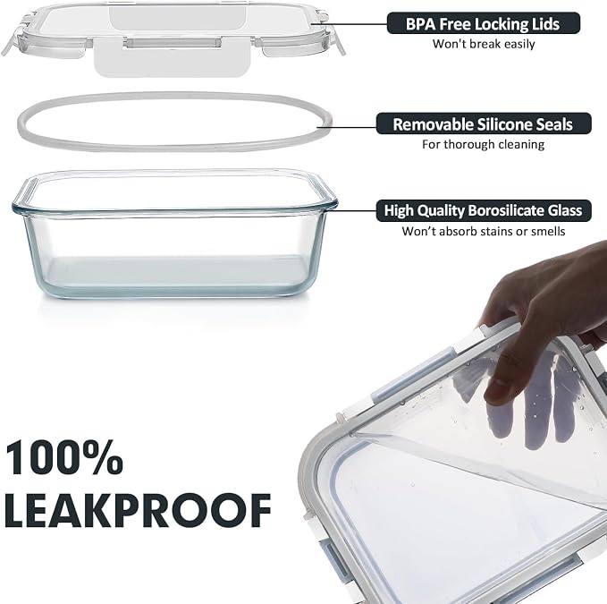 VERONES 30 Pieces Glass Food Storage Containers Set with Lids, White | Stackable Glass Meal Prep Containers Set with Lids, Airtight Lunch Containers, for Microwave, Oven, Freezer & Dishwasher - Image 4