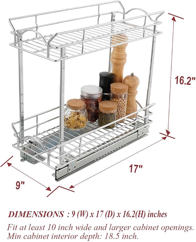 OCG Slide Out Cabinet Organizer for Narrow Cabinet (9" W X 17" D), 2 Tier Pull Out Shelves Slim Sliding Cabinet Organizer and Storage, Chrome - Image 2