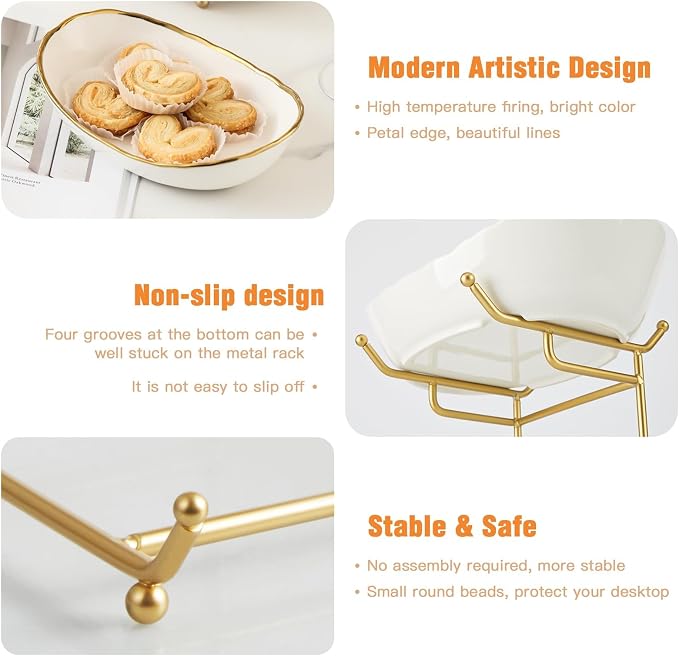 2 Tier Fruit Bowl, Ceramic Fruit Basket for Kitchen Counter | Fruit Holder for Kitchen, with Metal Stand, No Installation Required, Save Space, Easy to Clean, Modern, Gold-rimmed, Small - Image 4