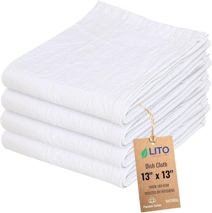 Dish Cloths Cotton| Kitchen Wash Cloth | Shop Towels Absorbent and Lint Free Flour Sack| Dishcloths for Kitchen Washing Dishes| Thick Absorbent Quick Dry Dish Rags | 4 Pack 13"x13" Natural by LITOLinenandTowel