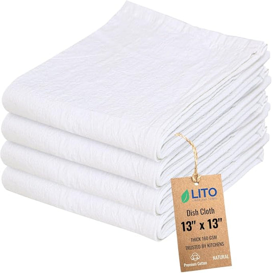 Dish Cloths Cotton| Kitchen Wash Cloth | Shop Towels Absorbent and Lint Free Flour Sack| Dishcloths for Kitchen Washing Dishes| Thick Absorbent Quick Dry Dish Rags | 4 Pack 13"x13" Natural by LITOLinenandTowel