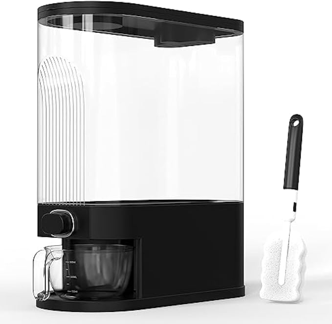 25lb Black Rice Dispenser, Measuring Cup & Sponge. Airtight Grain, Bean & Rice Container. NEW Clear Black Design. Easy To Use Grain Dispensing Storage Container For Kitchen by Retail+Blade