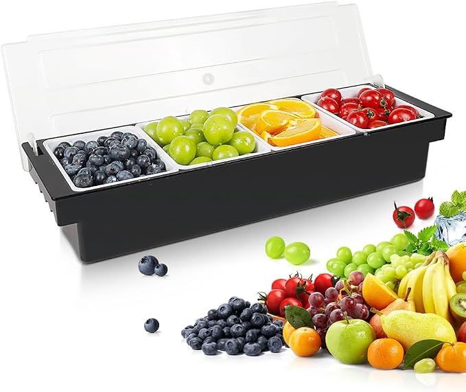 Chilled Condiment Caddy Server With Lid 4 Compartment Garnish Tray | Plastic Condiment Container Garnish Tray For Bartenders,Bar Condiment Fruit Caddy With Lid And Removable Trays by ZXXSFM