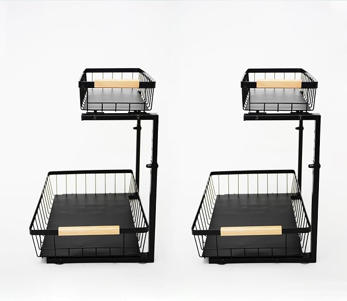 Under Sink Organizer 2 Pack, 2 Tier Pull Out Cabinet Organizers and Storage for Kitchen Bathroom Pantry Laundry, Adjustable Height, Slide Out Thickened Metal Storage Shelf (Black, 2 Pack) - Image 2
