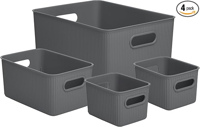 Superio Ribbed Collection - Decorative Plastic Basket Open Home Storage Bins Organizer, Grey (Set of 4) 1 Large, 1 Medium, 2 Small - Container Boxes for Organizing Closet Storage Bins for Shelves by Superio