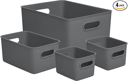 Superio Ribbed Collection - Decorative Plastic Basket Open Home Storage Bins Organizer, Grey (Set of 4) 1 Large, 1 Medium, 2 Small - Container Boxes for Organizing Closet Storage Bins for Shelves by Superio