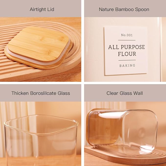 CZZGSM 2 Pack Square Glass Flour and Sugar Containers with 132 Kitchen Pantry Labels - Thicken 149 FL OZ Large Glass Storage Jars with Airtight Bamboo Lid - Big Food Canisters for Rice, Pasta, Cookie - Image 5