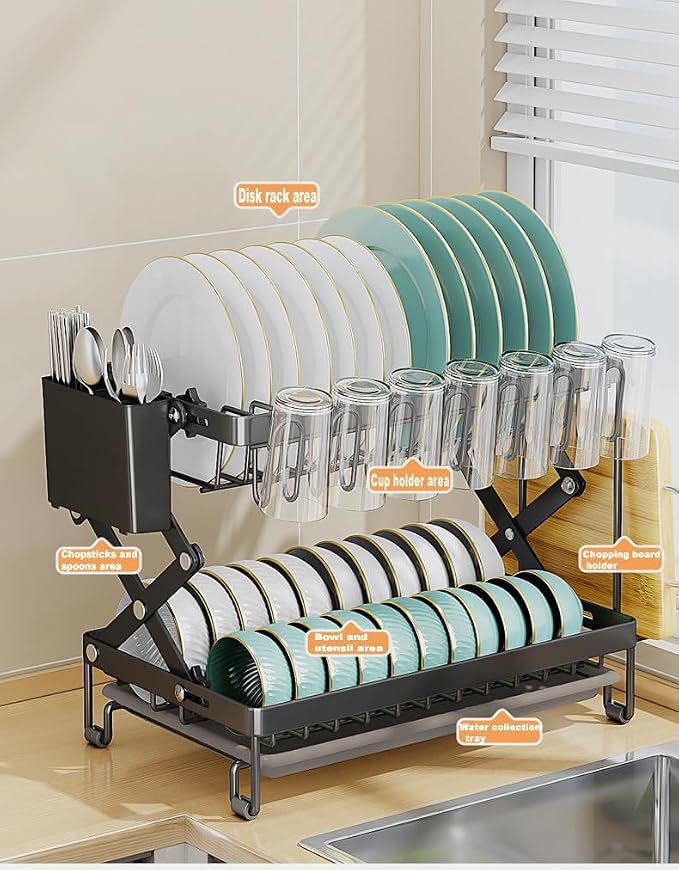 Good Grips Carbon Steel Fold Flat Dish Drying Rack, 2-Tier, with Drainboard, for Kitchen Counter, Collapsible (Black) - Image 7