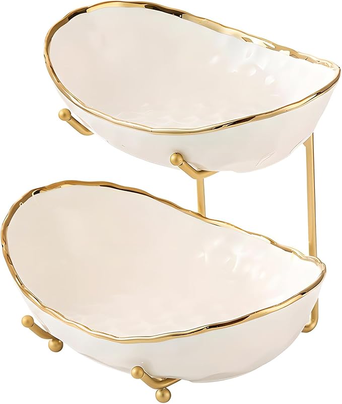 White Fruit Bowl with Gold Metal Stand, 2 Tier Modern Ceramic Fruit Bowl Fruit Rack for Kitchen Counter, Tiered Fruit Basket for Snacks Bread Candy Storage (White A,2 Tier) by MEIGLQEA
